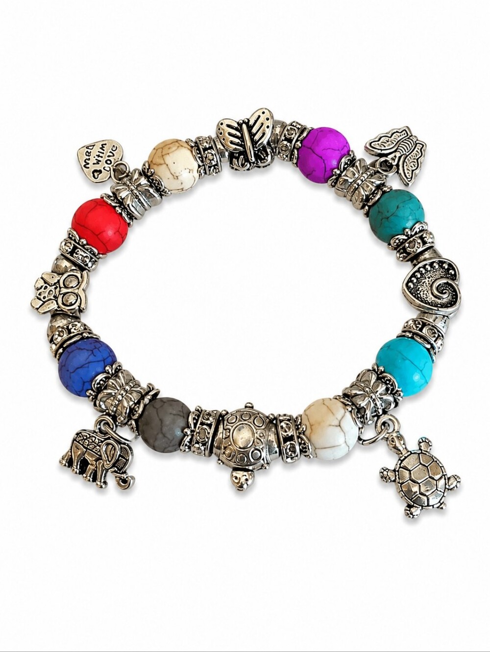 Howlite Animal Charm Beaded Stretch Bracelet